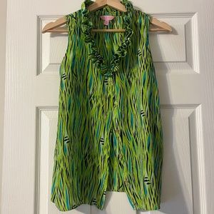 Lilly Pulitzer Reena Ruffle Sleeveless Silk Button Up Top Blue Green Fish Size 6
